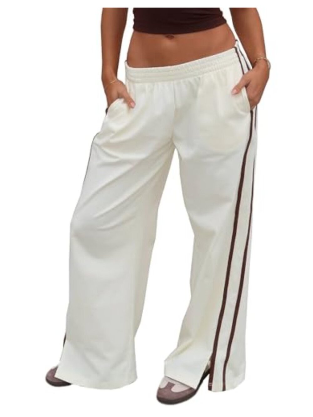 Women's Wide Leg Pants with Pockets, Elastic Waistband, Stripe, Split Hem
